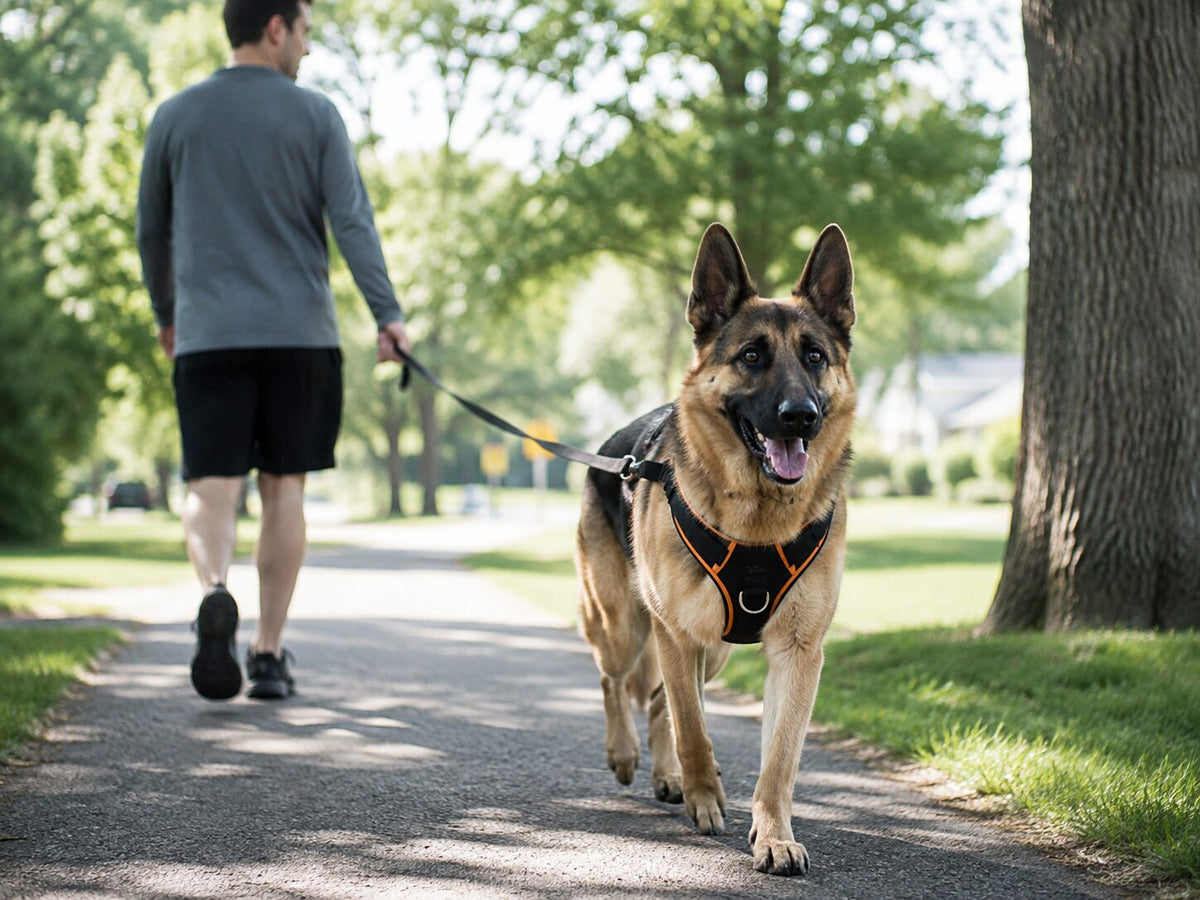 walking outdoors wearing a black and orange front-clip harness