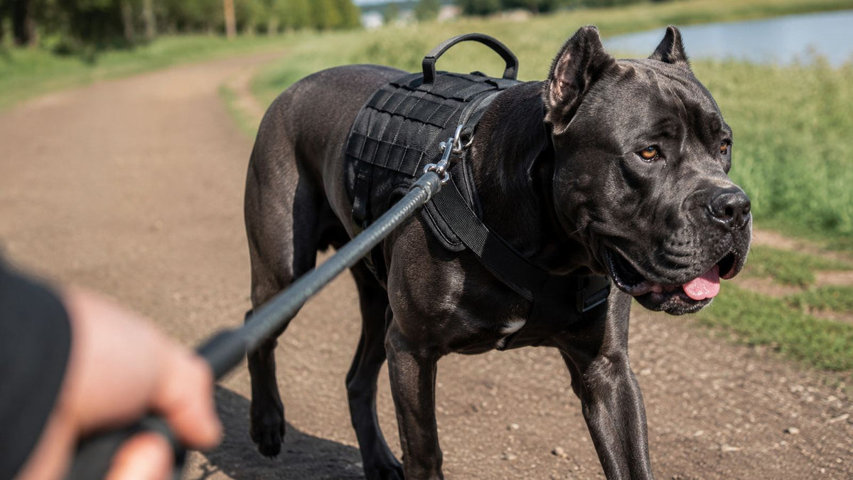 Cane Corso wearing a black tactical dog harness with control handle on a walk