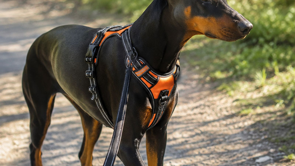 Doberman walking outdoors wearing a black and orange front-clip harness