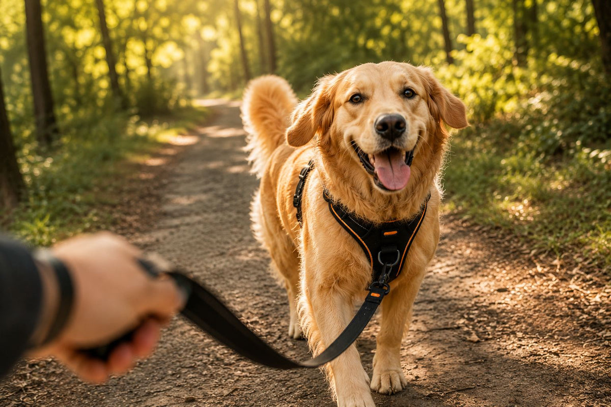 Golden Retriever wearing a black and orange front-clip dog harness on a sunlit forest trail walk
