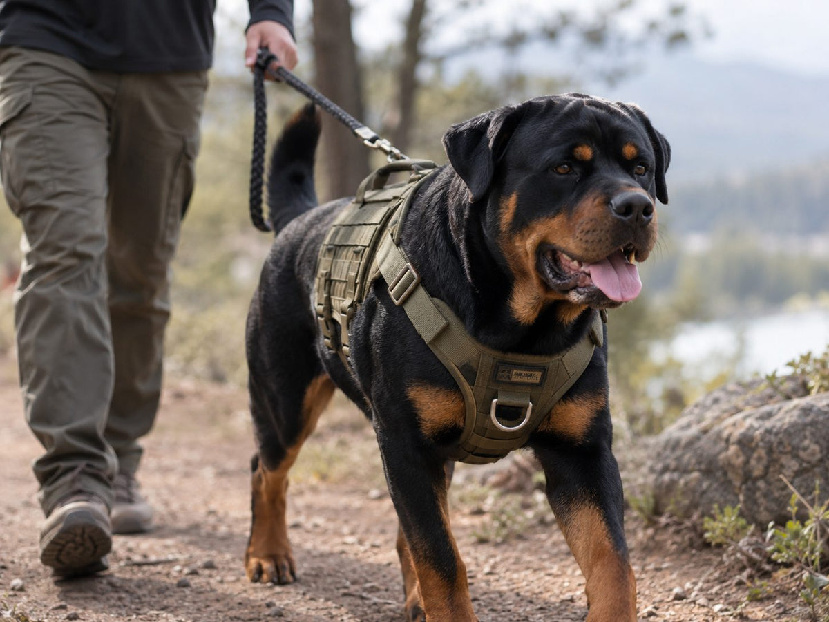 Large dog wearing a tactical harness on a walk