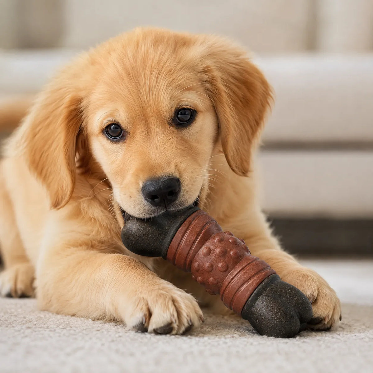 golden retriever puppy chewing chew toys for puppies on carpet