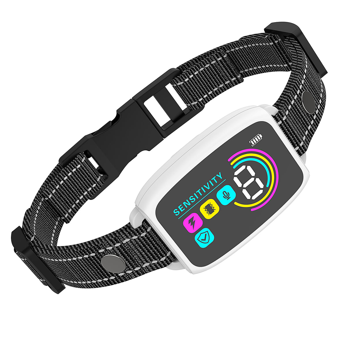 White smart bark control collar with sensitivity display for dogs